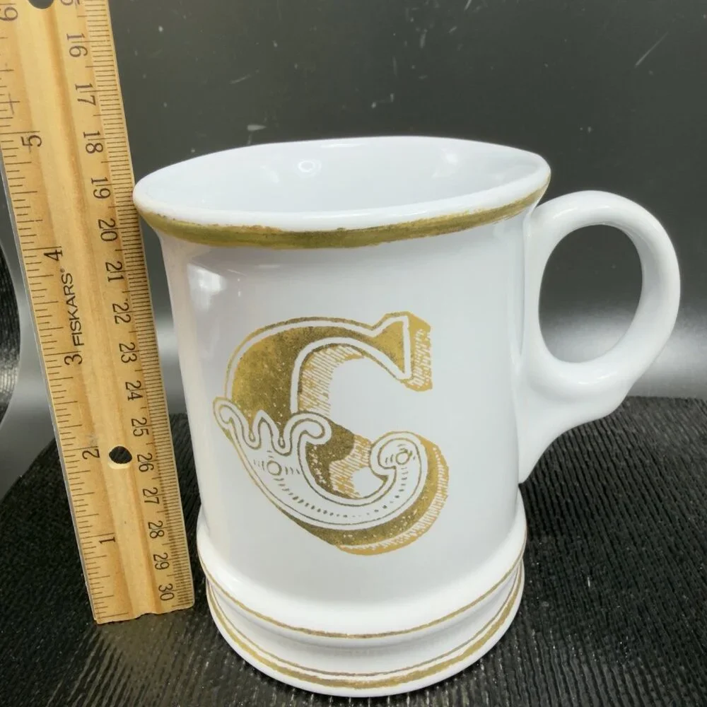 Williams Sonoma Brushed Gold Monogram Letter C Ceramic White Gold Coffee Mug Cup